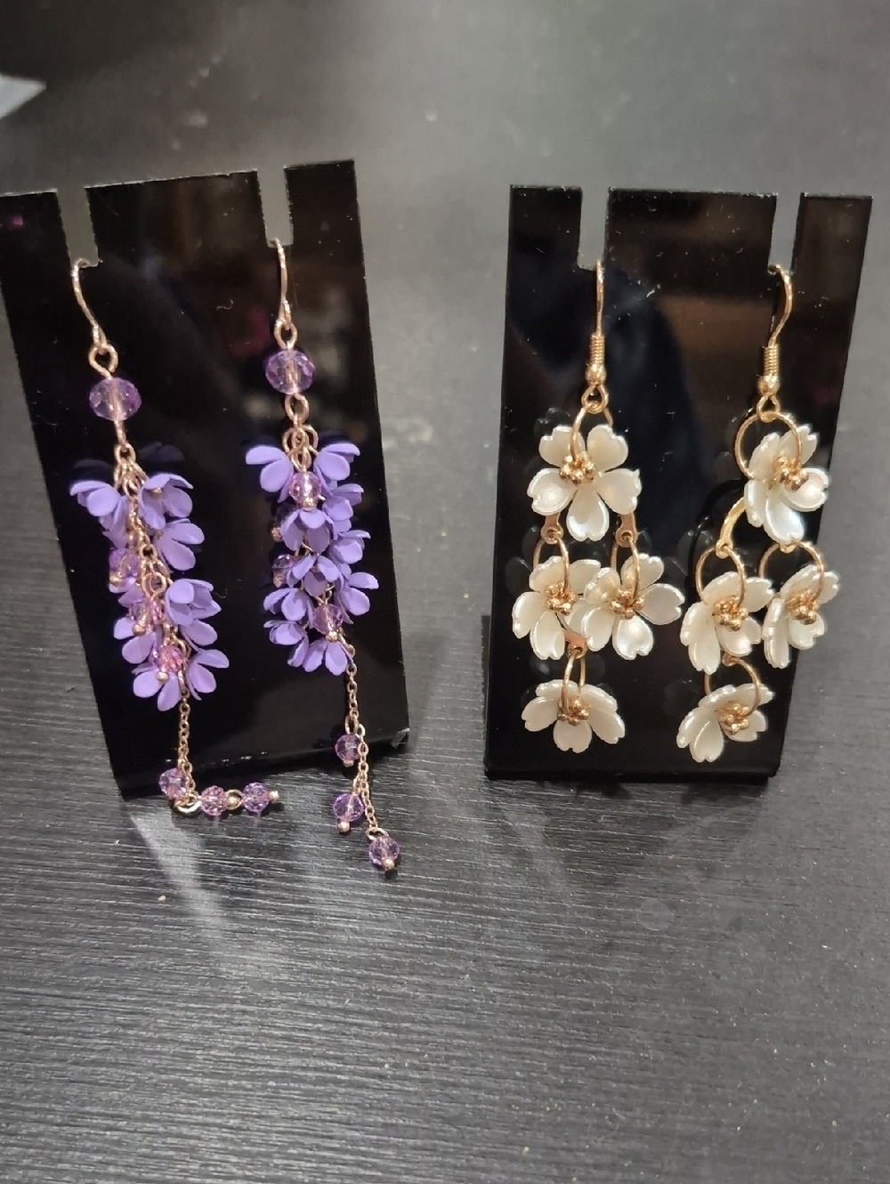 Floral Drop Earrings - Purple and White Floral Dangle Earrings